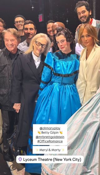 Jennifer Lopez posing with Betty Gilpin, Meryl Streep, and Martin Short at a showing of Oh, Mary! in New York City.