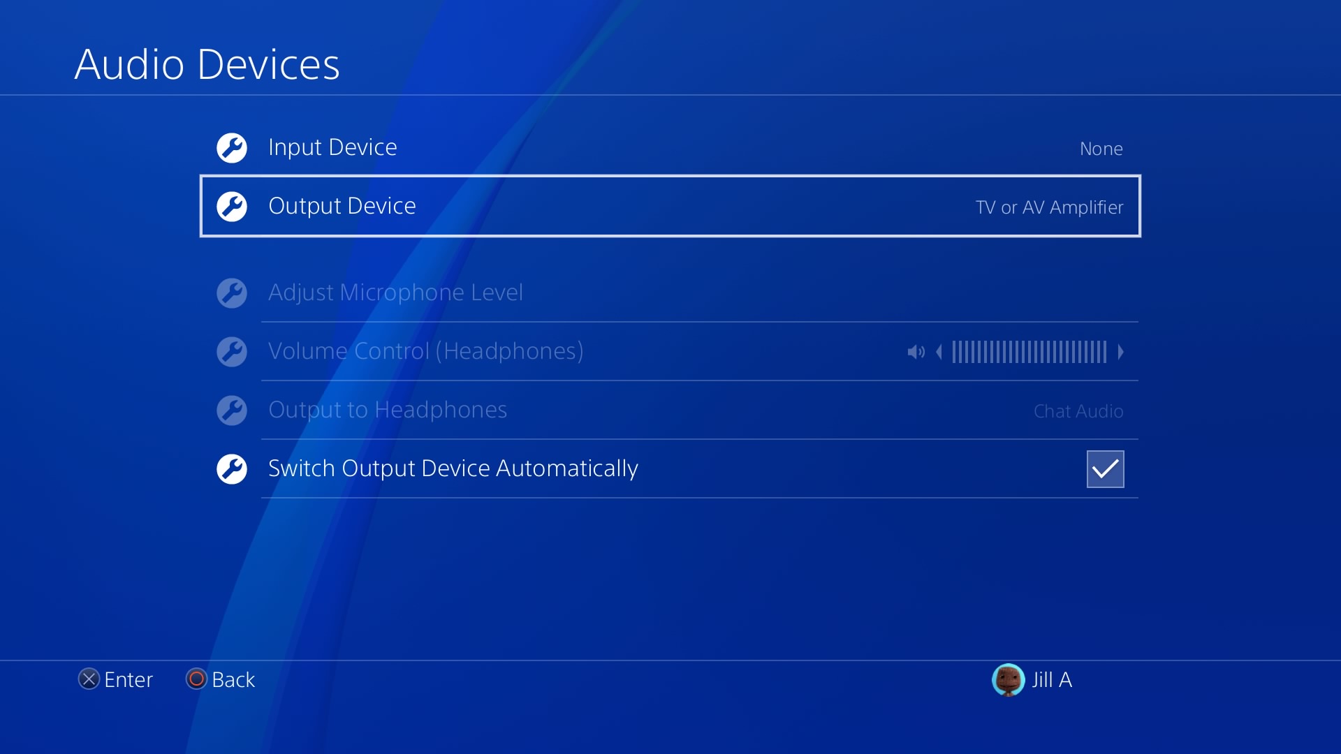 The PlayStation 4 Settings Menu with Audio Devices and options listed.