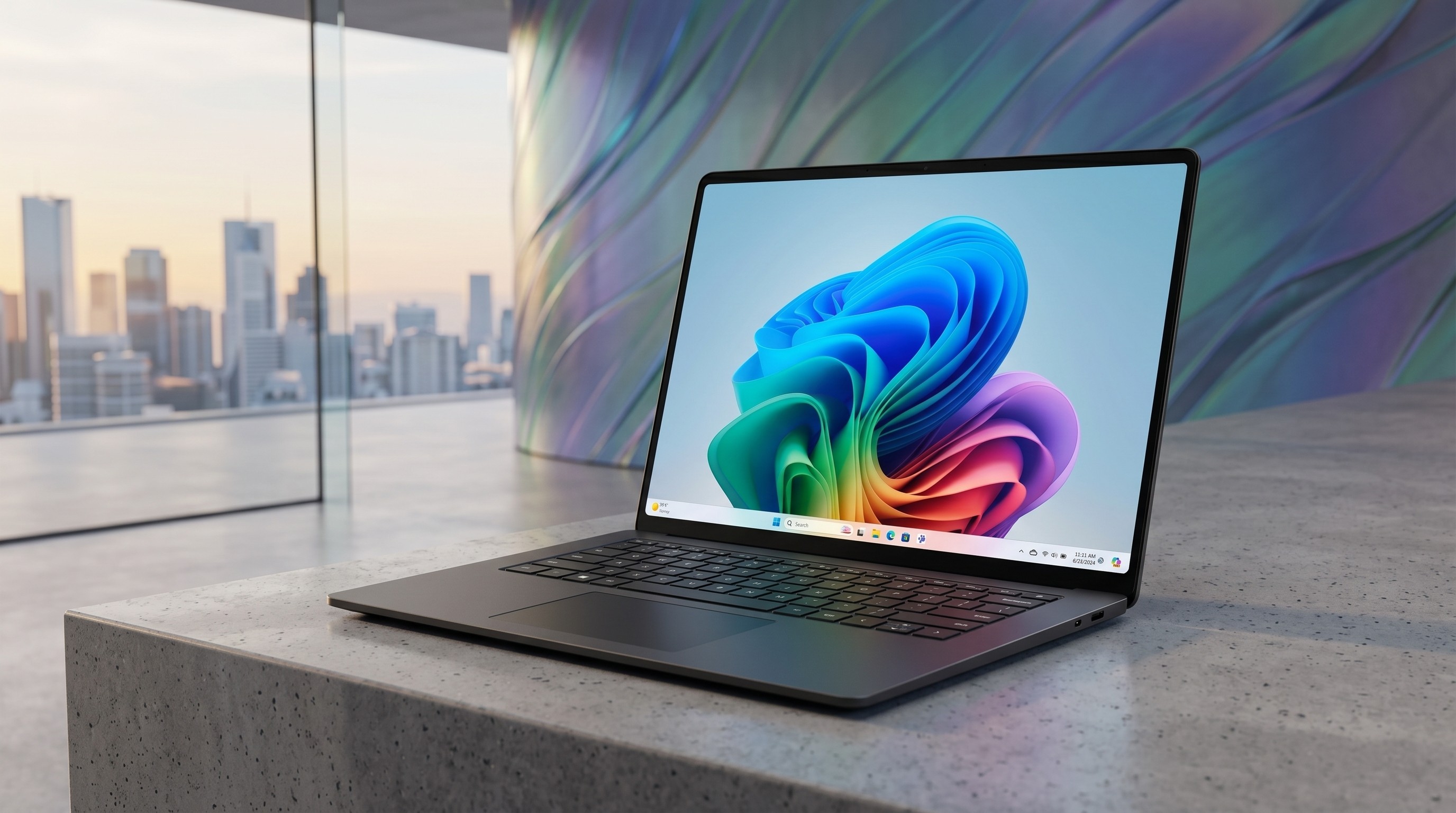 A sleek laptop with a vibrant, colorful swirl display sits on a concrete surface. The background features a cityscape at sunset and modern glass walls.