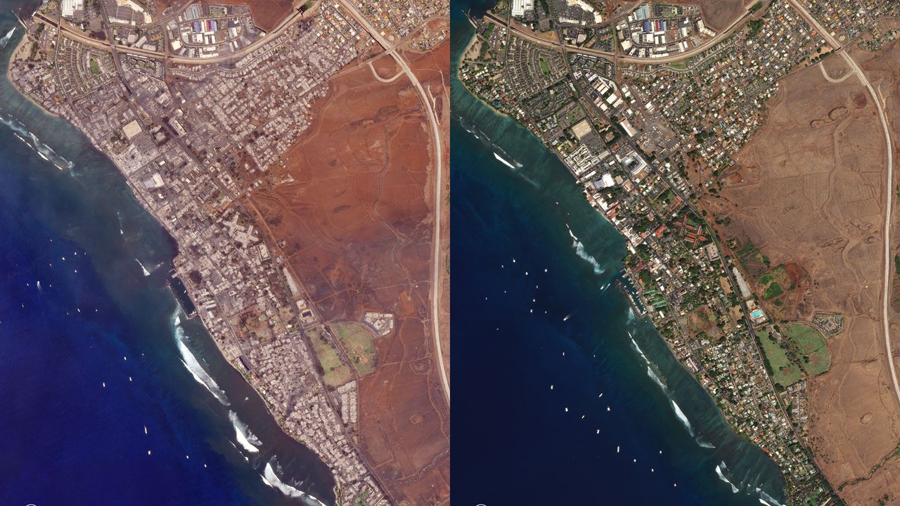 Images of the town of Lahaina on the Hawaiian island of Maui captured by satellites of U.S. Earth-observation company Planet before and after a devastating wildfire that hit the region in August 2023.