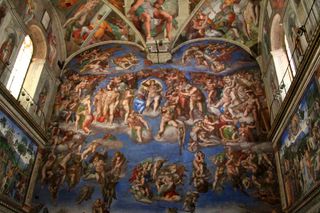 The famous frescoes painted by Michelangelo on the ceiling of the Sistine Chapel in Rome include a celebrated image of God creating Adam, the first man.