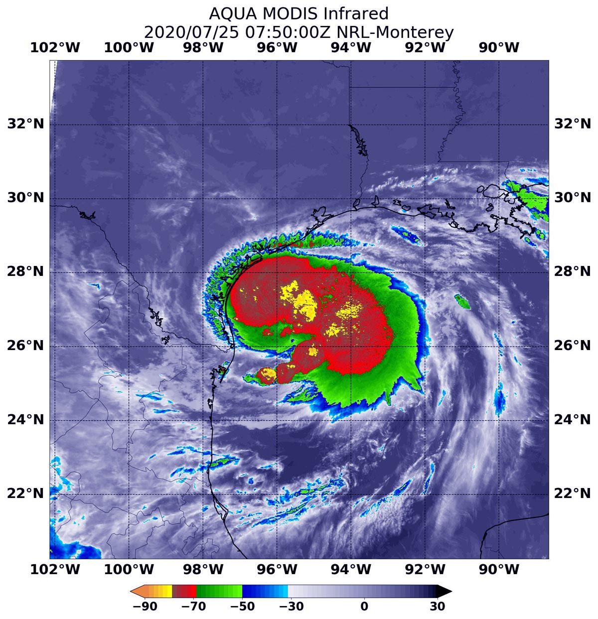 On July 25, 2020 at 3:50 a.m. EDT (0750 UTC) the MODIS instrument that flies aboard NASA's Aqua satellite revealed very powerful thunderstorms (yellow) around Hanna&rsquo;s center where cloud top temperatures were as cold as minus 80 degrees Fahrenheit (minus 62.2 Celsius), indicating the storm had strengthened.