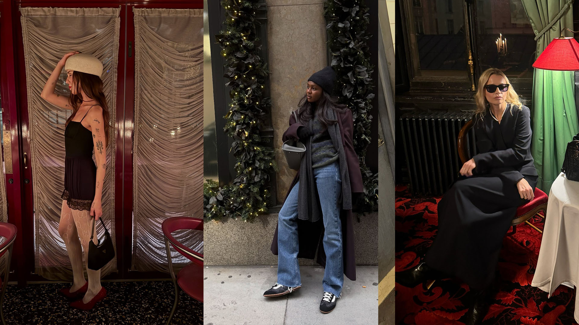 Women wearing winter clothing for the holiday season.