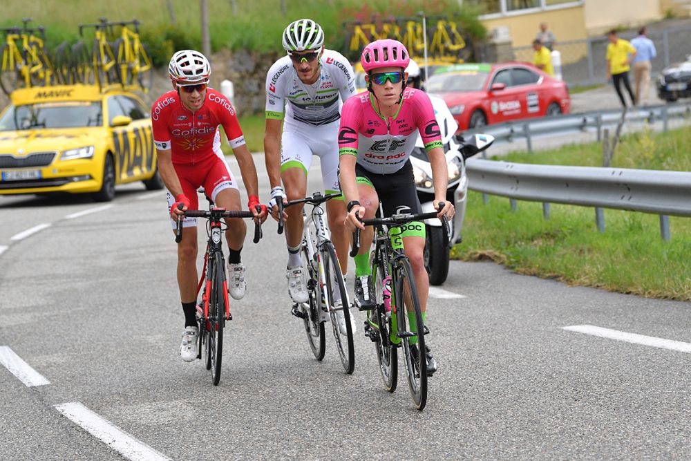 Nicolas Edet (Cofidis, Solutions Credits), Brice Feillu (Fortuneo-Samsic), Lawson Craddock (EF Education First-Drapac) in the breakaway during stage 1 at Criterium du Dauphine
