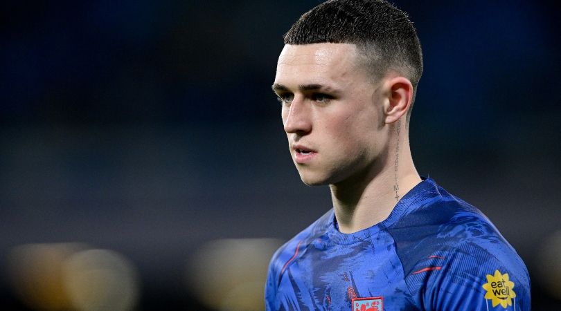 Phil Foden looks on during England&#039;s Euro 2024 qualifier against Italy in Naples in March 2023.