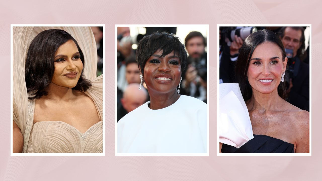 Mindy Kaling attends The 2024 Met Gala Celebrating &quot;Sleeping Beauties: Reawakening Fashion&quot; at The Metropolitan Museum of Art on May 06, 2024 in New York City alongside a picture of Viola Davis, who is seen with a dark brunette pixie cut at the Red Carpet of the closing ceremony at the 77th annual Cannes Film Festival at Palais des Festivals on May 24, 2024 in Cannes, France and finally, Demi Moore – who is pictured with long and straight dark brunette hair at the closing ceremony at the 77th annual Cannes Film Festival at Palais des Festivals on May 25, 2024 in Cannes, France in a pale pink template