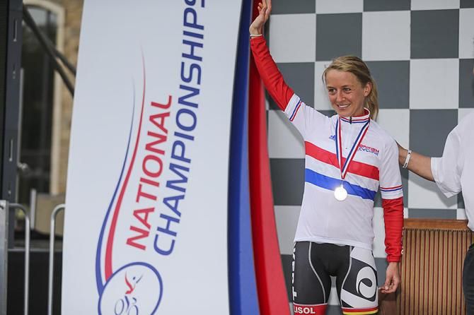 Emma Pooley (Lotto Belisol Ladies) on the podium as the British time trial champion