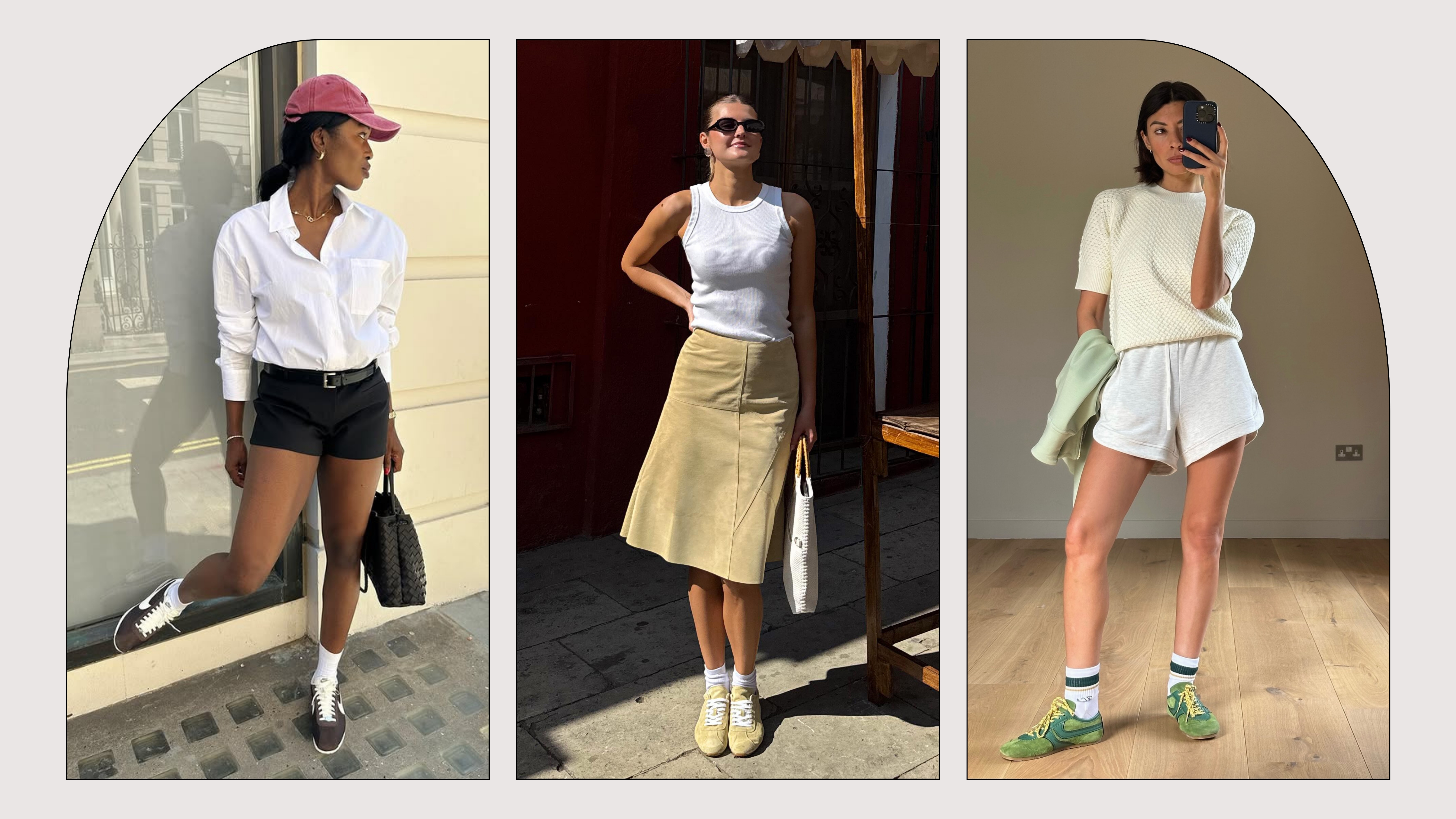 A selection of fashion people wearing summer 2025 trainer trends