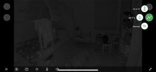 The main screen of the Arlo app shows a live camera view along with tons of controls for the music and lights, to take a snapshot or video, and even to check the temperature of the room.