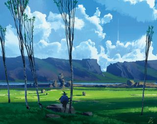 landscape scene with a wizard in it
