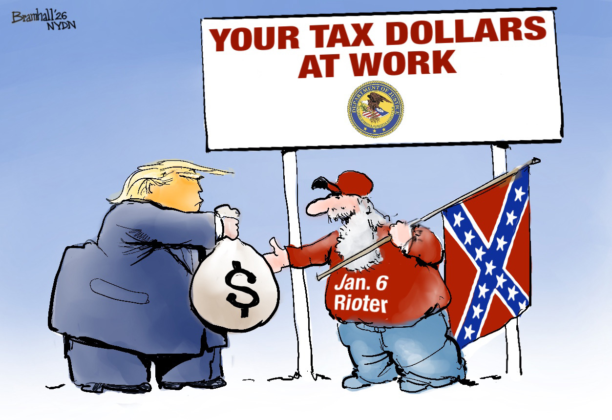 Donald Trump hands a bag of money to a bearded Jan. 6 rioter holding a Confederate flag. They both stand under a sign labeled &amp;ldquo;Your Tax Dollars at Work.&amp;rdquo;