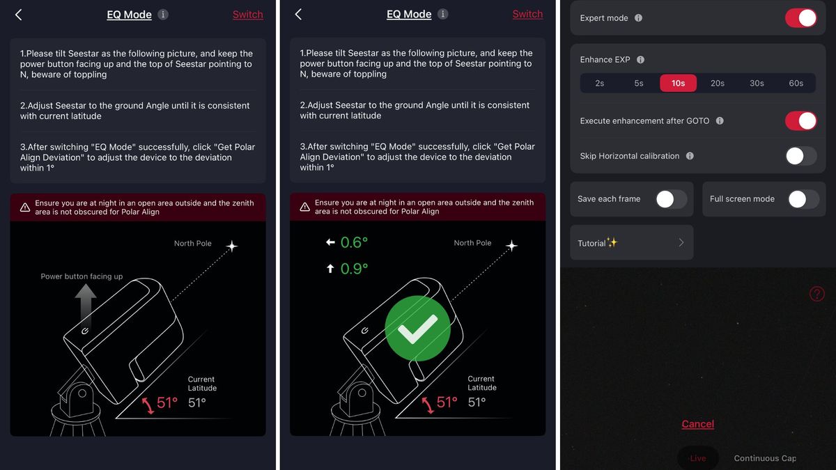 Screeshots from the Seestar app showing how to set up EQ mode on the ZWO Seestar S30 Pro.