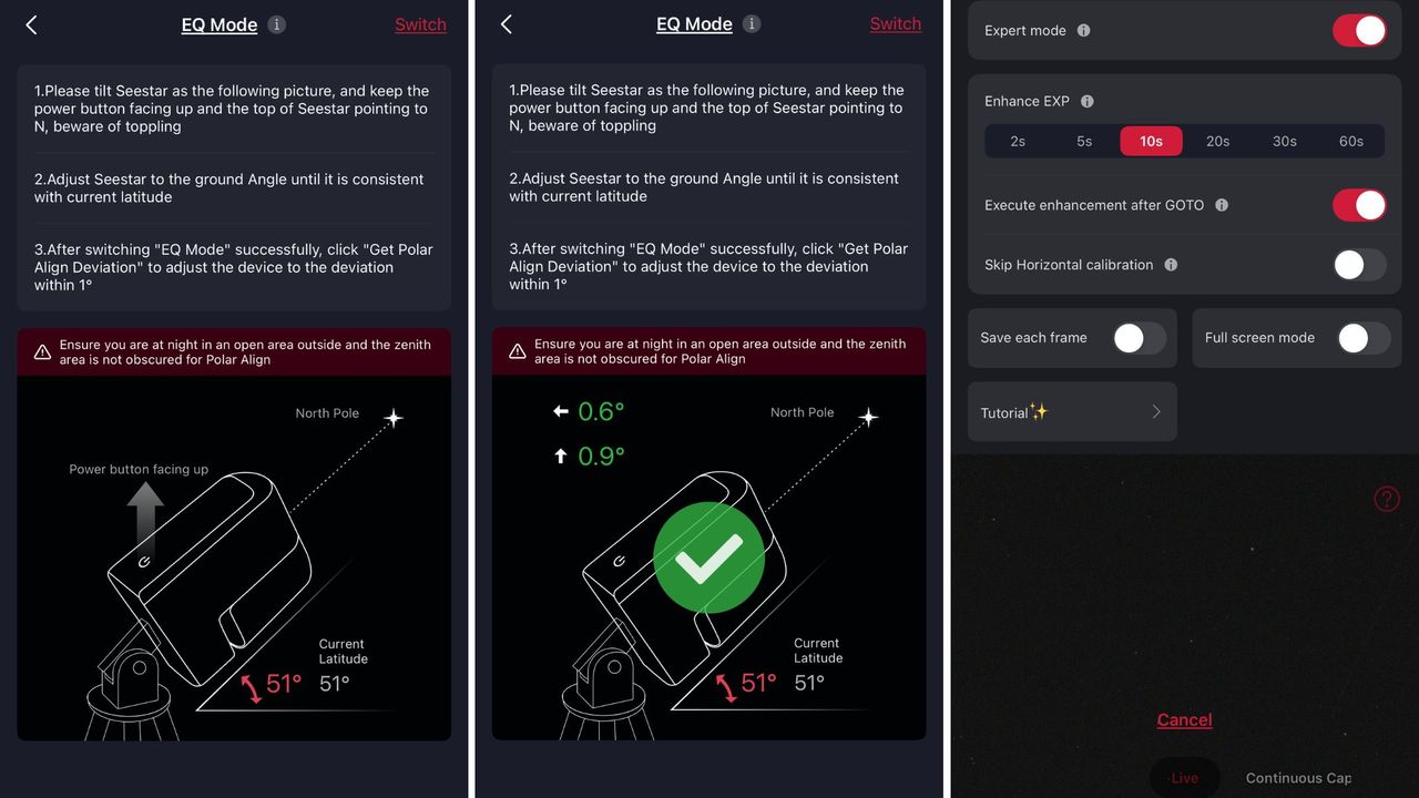 Screeshots from the Seestar app showing how to set up EQ mode on the ZWO Seestar S30 Pro.