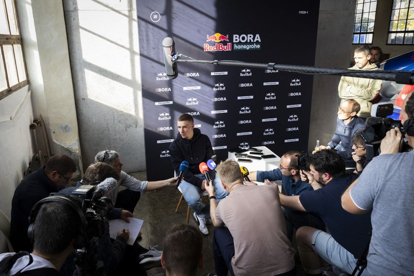 Red Bull&ndash;Bora&ndash;Hansgrohe&rsquo;s Belgium rider Remco Evenepoel speaks to journalists during a press conference in the media day of their new team in Binissalem on Mallorca Island on December 10, 2025. (Photo by Jaime REINA / AFP)