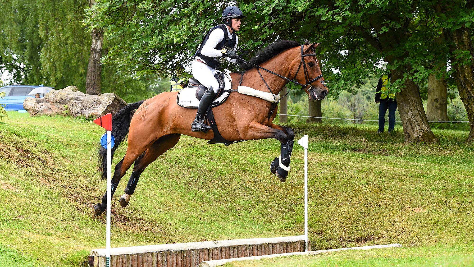 Sam Ecroyd and Boleybawn Lecrae jump a ditch at Bramham Horse Trials 2025.