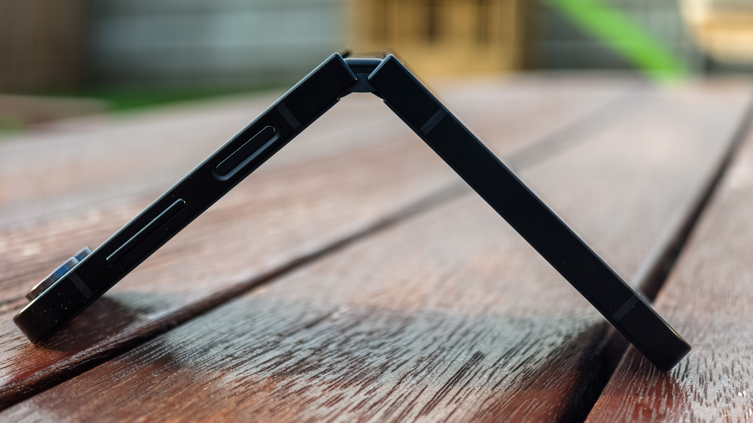 Samsung Galaxy Z Flip 7 FE in Black in tent mode on a table