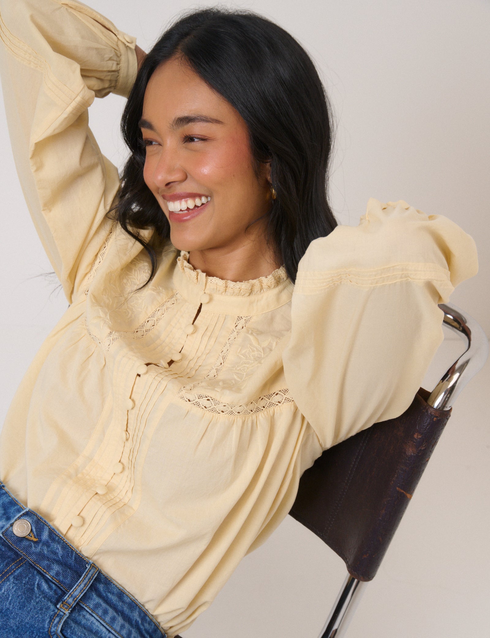 Butter Yellow Floral Embroidered High Neck Blouse