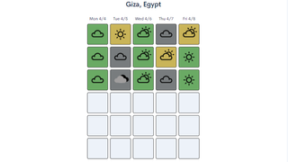 A grid of weather symbols in Wordle clone Cloudle