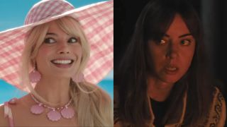 Margot Robbie looking to the side as Barbie and Aubrey Plaza next to fireplace in My Old Ass