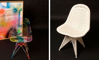 Colourful wire chair to left, white chair to right