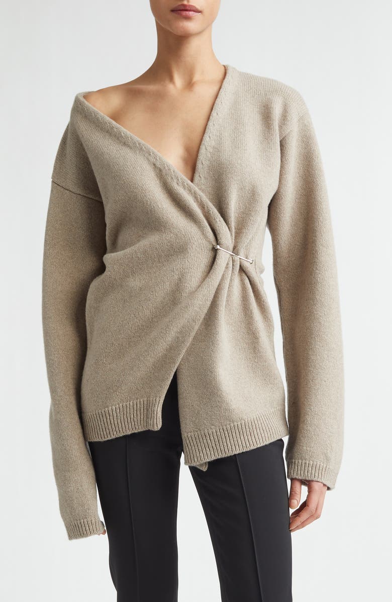 Safety Pin Off the Shoulder Wool &amp;amp; Cashmere Wrap Cardigan