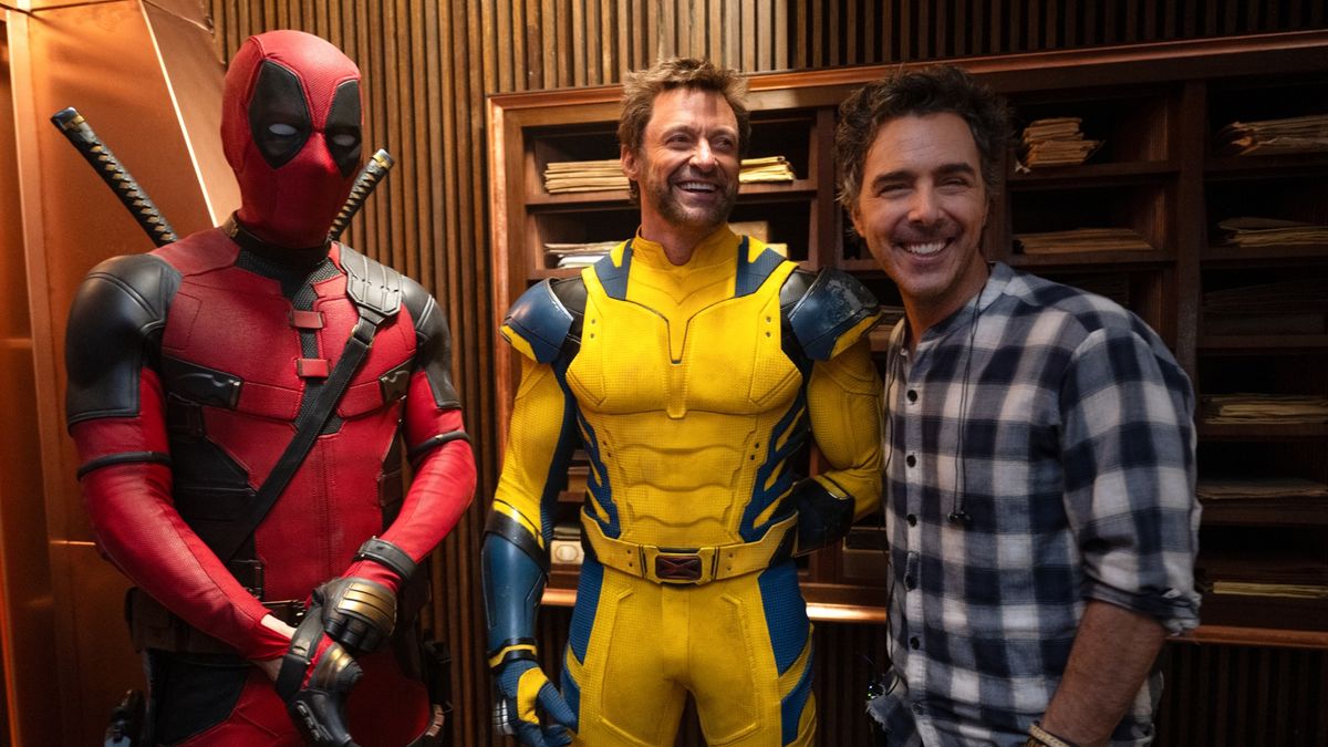 Ryan Reynolds, Hugh Jackman, and Shawn Levy on the set of Deadpool and Wolverine