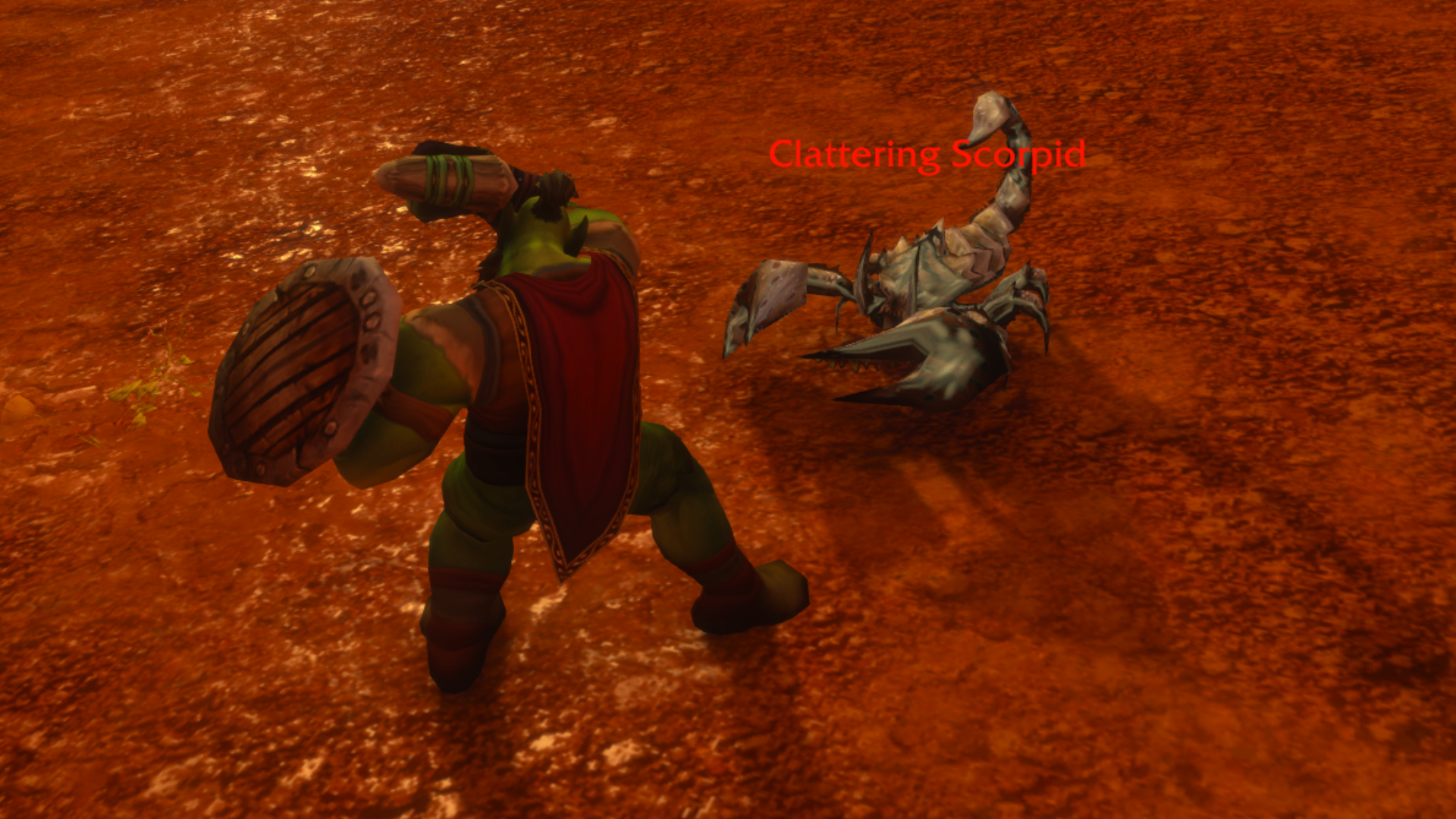 An orc swinging a wooden club at a scorpion in World of Warcraft: Forever.