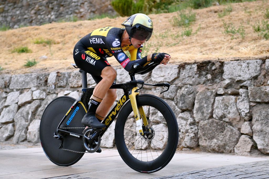 BURGOS SPAIN AUGUST 14 Primoz Roglic of Slovenia and Team Jumbo Visma competes during the 76th Tour of Spain 2021 Stage 1 a 71km individual time trial from Burgos Catedral de Santa Mara to Burgos lavuelta LaVuelta21 CapitalMundialdelCiclismo catedral2021 on August 14 2021 in Burgos Spain Photo by Stuart FranklinGetty Images