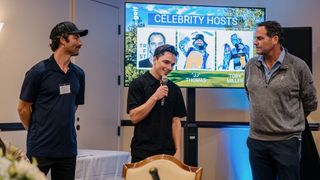 Three celebrity hosts speaking to the attendees at Spinitar's Golf for Hope.