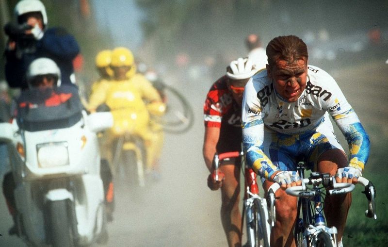 Henk Vogels powers over the pave in 1997