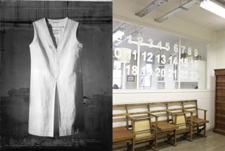 A calico waistcoat from 1997's Autumn Winter collection, featuring tailors markings, the Maison Martin Margiela headquarters on the Rue Saint-Maur, Paris