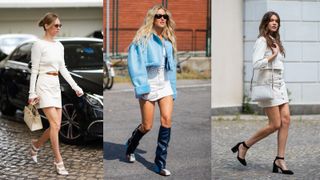 A composite of street style influencers showing how to style a white denim skirt