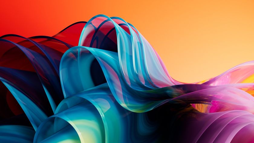 Abstract image that looks like tulle ribbons bunched up together. The ribbons are blended shades of green, blue, and purple. The background is an ombre orange to yellow. 