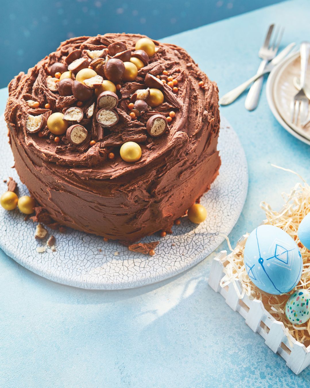 Chocolate cake decorated with maltesers