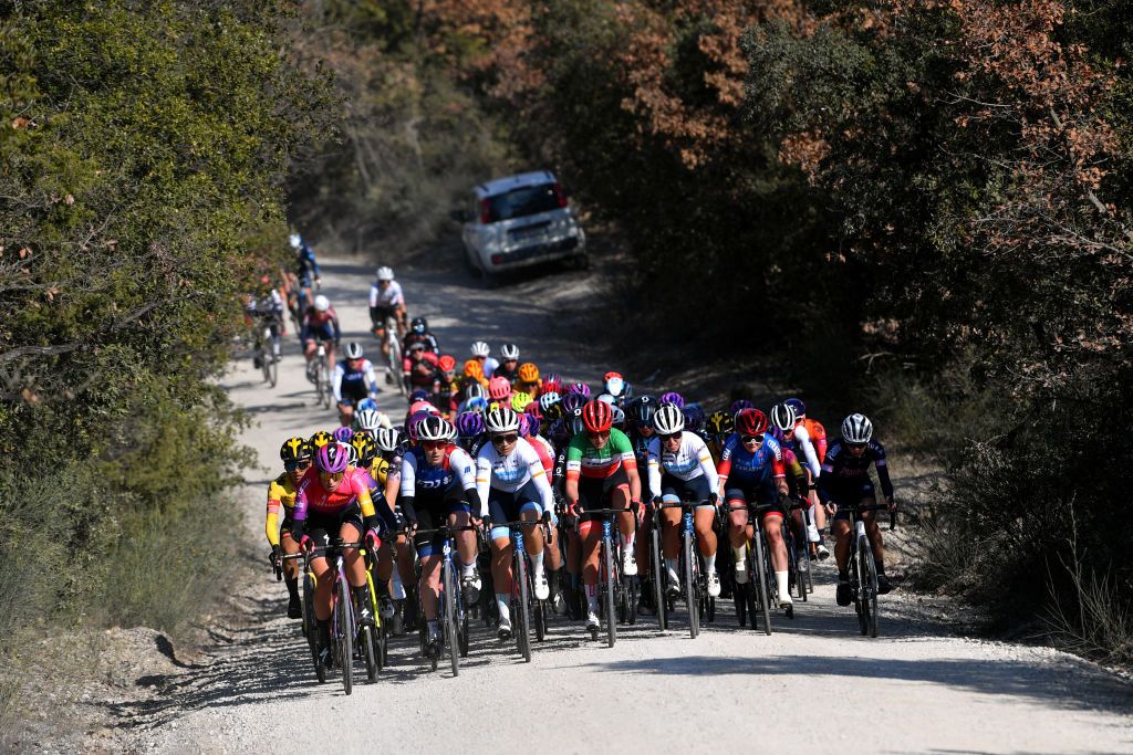 SIENA ITALY MARCH 05 A general view of Demi Vollering of Netherlands and Team SD Worx Vittoria Guazzini of Italy and Team FDJ Nouvelle Aquitaine Futuroscope Audrey CordonRagot of France and Team Trek Segafredo Elisa Longo Borghini of Italy and Team Trek Segafredo compete through gravel roads during the Eroica 8th Strade Bianche 2022 Womens Elite a 136km one day race from Siena to Siena Piazza del Campo 321m StradeBianche on March 05 2022 in Siena Italy Photo by Luc ClaessenGetty Images