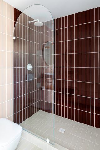 Mauve and light beige vertical shower tiles beyond glass shower door