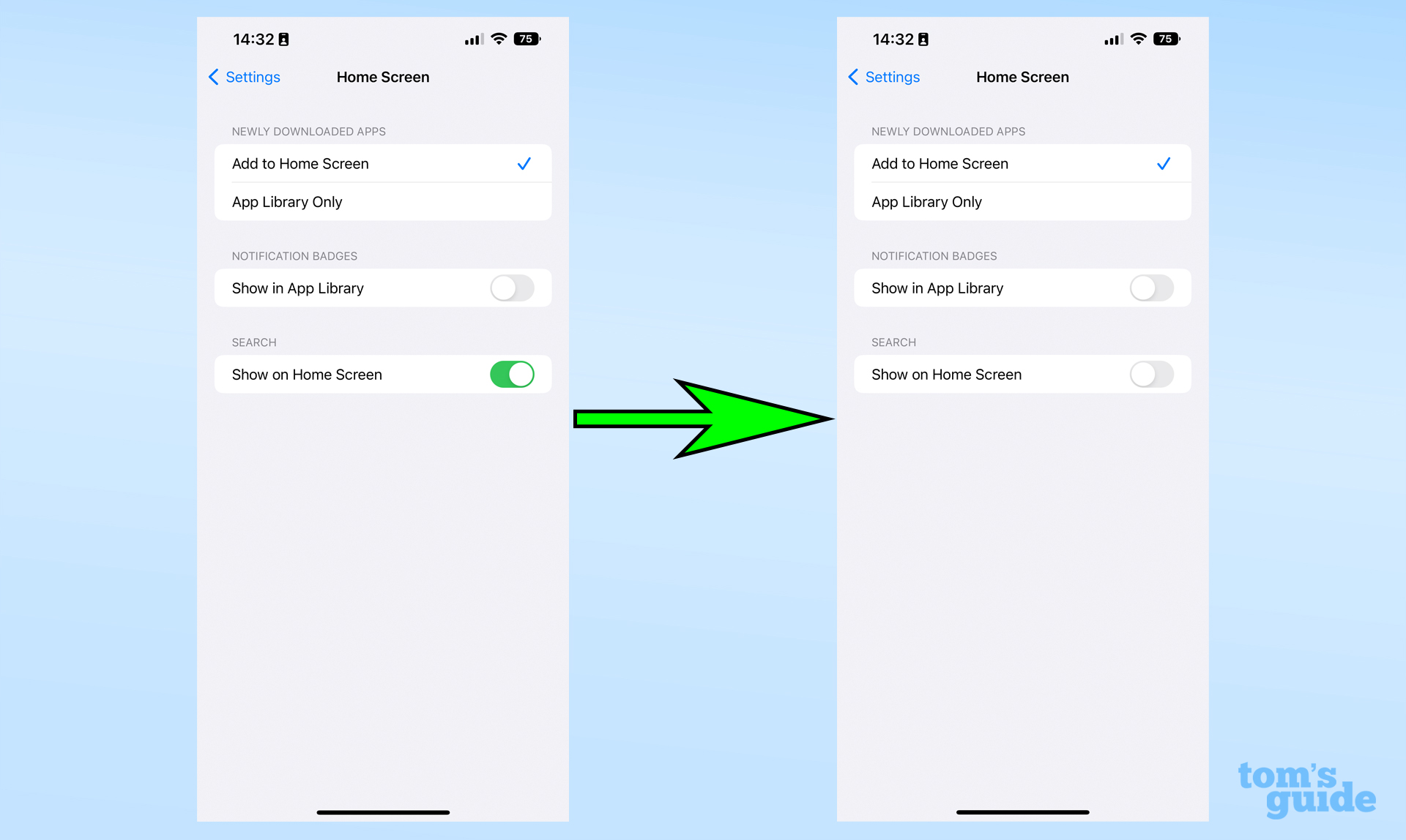 Два снимка экрана с iOS, показывающие, как отключить кнопку поиска на главном экране.