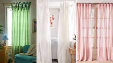Side-by-side of three knotted curtain panels styled in various living rooms