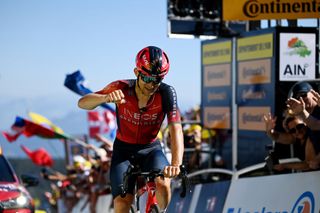 GRAND COLOMBIER FRANCE JULY 14 Michal Kwiatkowski of Poland and Team INEOS Grenadiers celebrates at finish line as stage winner during the stage thirteen of the 110th Tour de France 2023 a 1378km stage from ChtillonSurChalaronne to Grand Colombier 1501m UCIWT on July 14 2023 in Grand Colombier France Photo by Tim de WaeleGetty Images