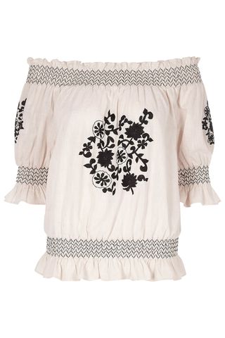 Cream floral embroidered shirred bardot top