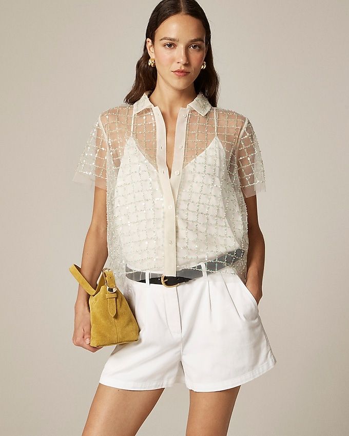 Embellished Button-Up Short-Sleeve Shirt