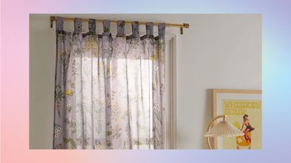Floral curtain over a window on a rainbow background