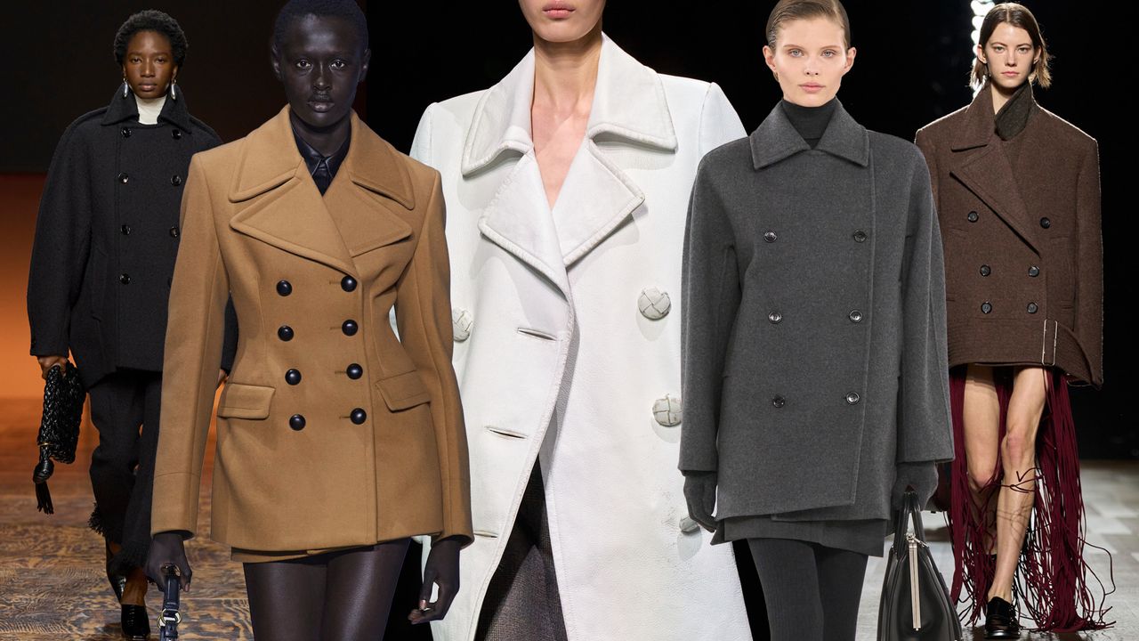 A collage of runway images depicting the pea coat jacket trend in the collections of Bottega Veneta, Tod&#039;s, Prada, Max Mara, and Ferragamo.