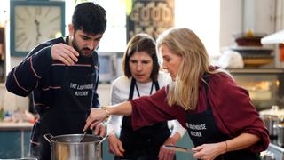 Sophie, Duchess of Edinburgh, in her role as Patron, helps volunteers serve food as she visits The Lighthouse on December 18, 2024