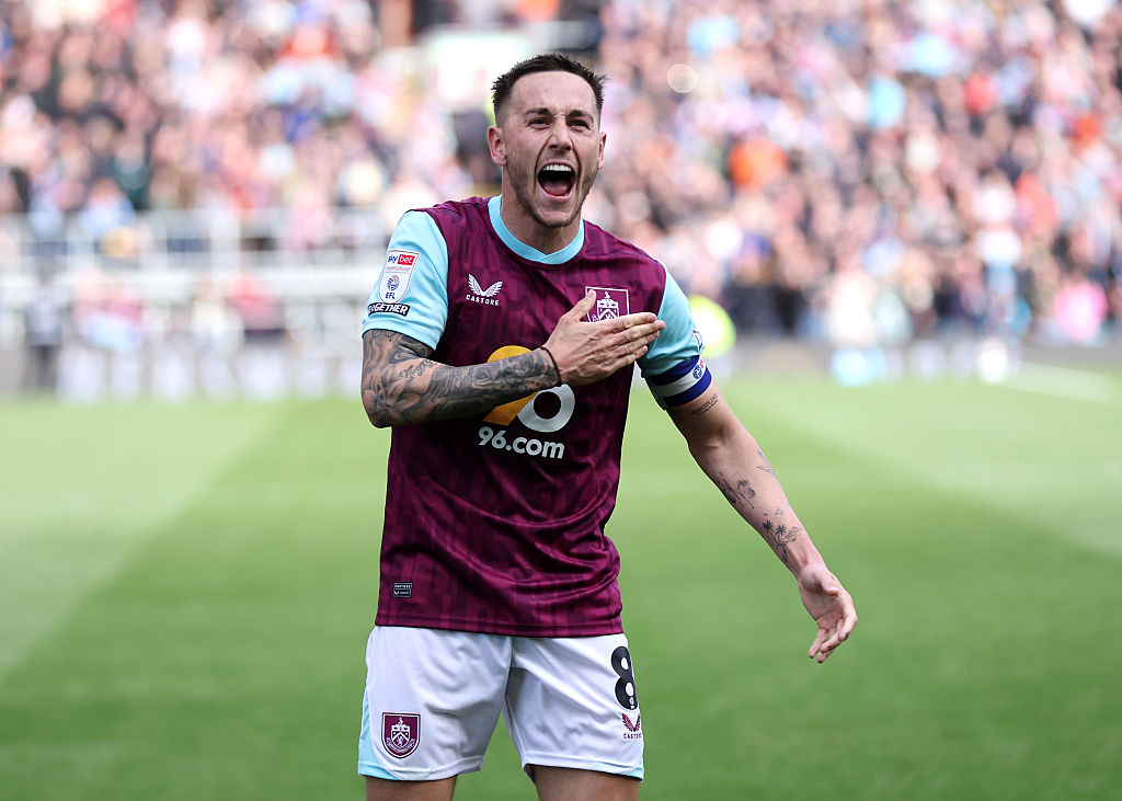 Josh Brownhill of Burnley celebrates scoring his team's second goal from the penalty-spot during the Sky Bet Championship match between Burnley FC and Sheffield United FC at Turf Moor on April 21, 2025 in Burnley, England