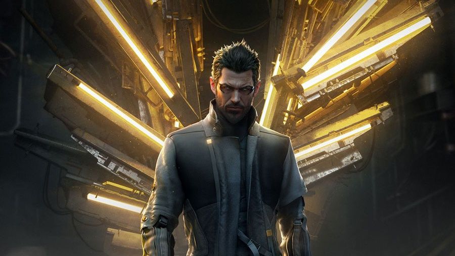 Keyart of Deus Ex&#039;s Adam Jensen, showing him framed by lights resembling angel wings.