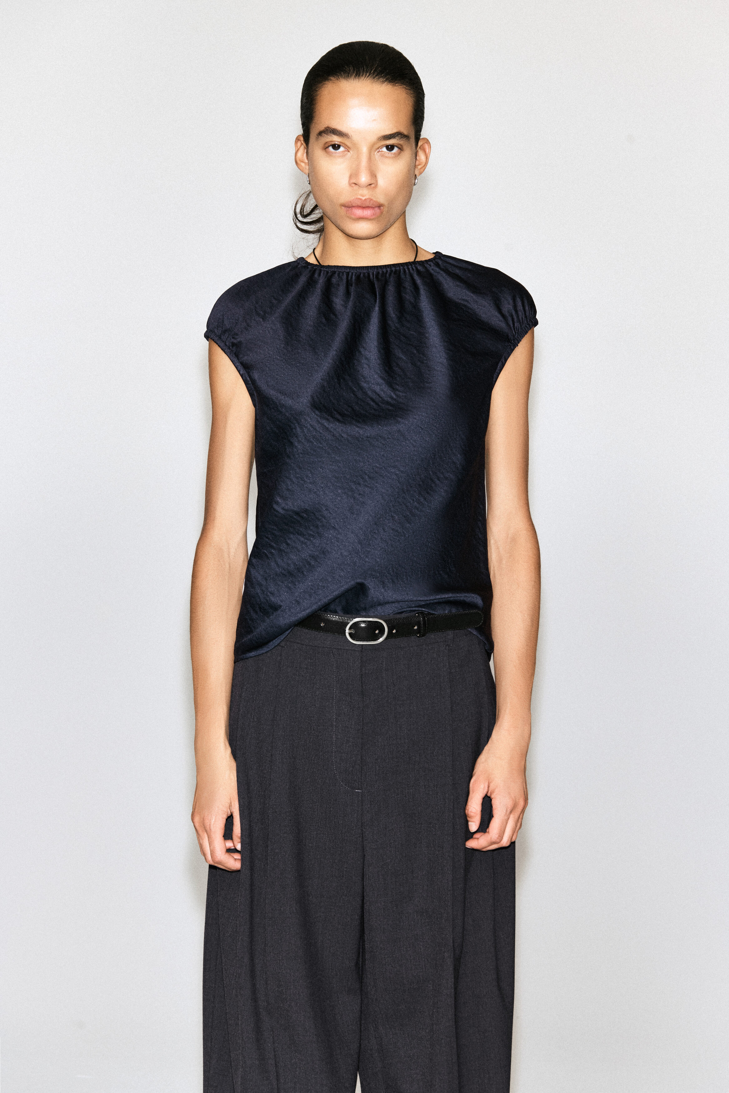 Gathered Crinkled-Satin Top