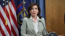 New York Gov. Kathy Hochul (D) talks at a press conference