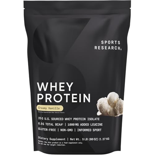 Sports Research Whey Protein - Sports Nutrition Whey Isolate Protein Powder for Lean Muscle Building & Workout Recovery - 5 Lb Bag Bulk Protein Powder - Creamy Vanilla, 63 Servings