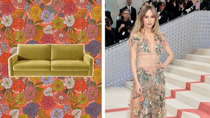 A velvet green sofa on a retro floral pink background next to a picture of Suki Waterhouse at the Meta Gala in 2023 with a light pink floral dress